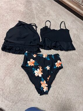 CUPSHE Black Floral High-Waist Bikini Set with Ruffled Tops